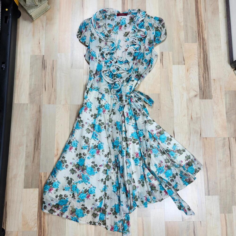 Ceres Floral Print Dress Ruffle Detail Wrap Style Sheer Blue Size‎ S